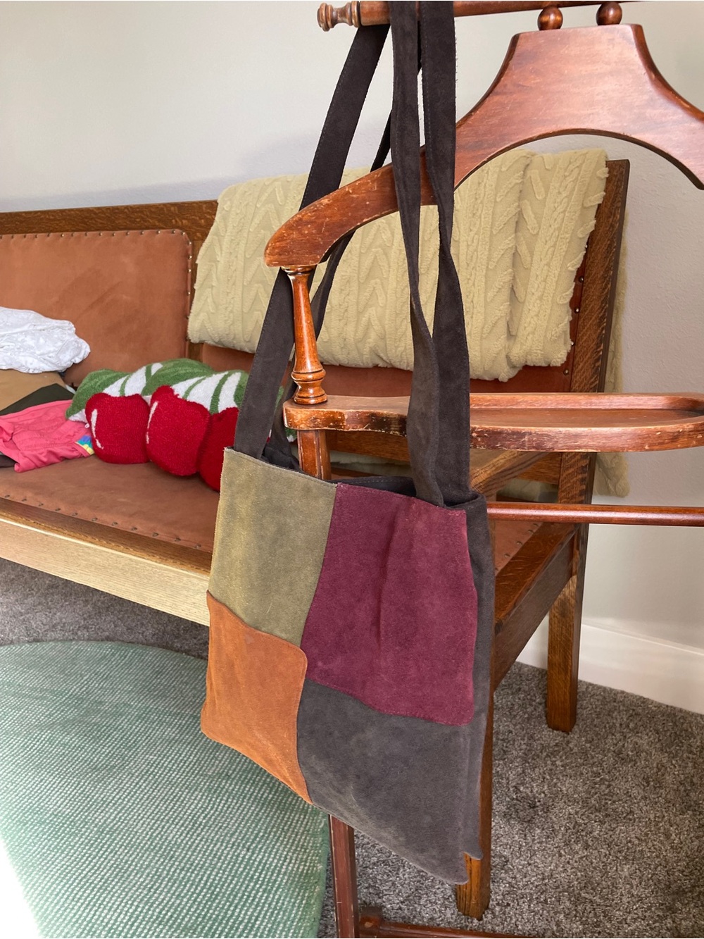 Y2K colorful Suede patchwork Leather Tote shoulder bag. Color block Classic tote - Picture 4 of 10